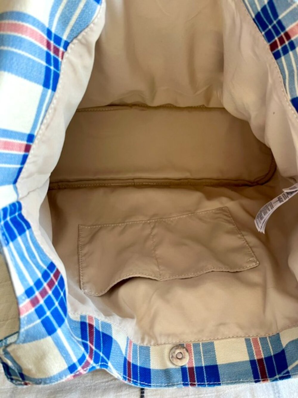 GAP Linen Cotton Tote Bag in Blue Madras Plaid - Picture 7 of 9
